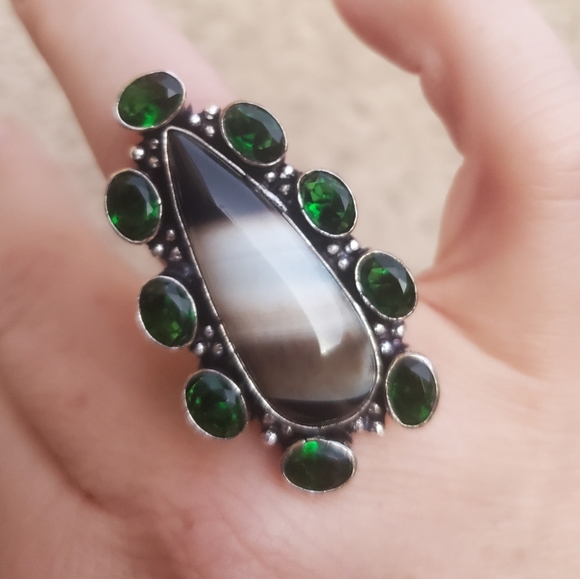 New Oversized Banded Agate & Peridot 925 Silver Statement Ring. - Picture 8 of 14